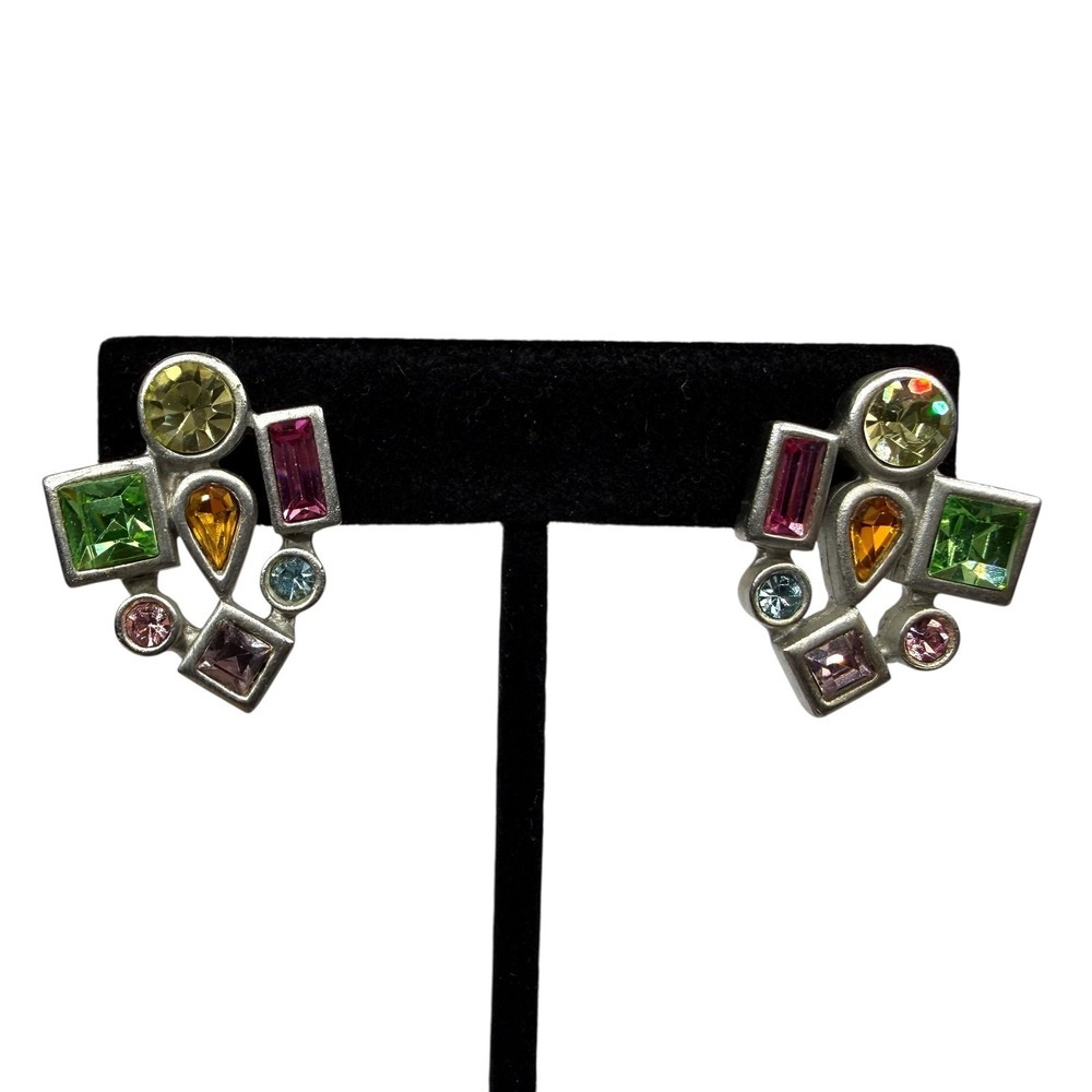 Vintage Style Retro Chic Multi-Color Rhinestone Fashion Earrings Silver Tone